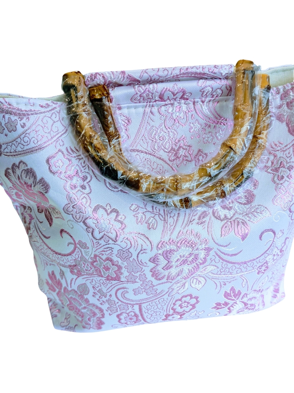 Luxury Floral Embroidered Tote Bag Genuine Bamboo Handle Brocade Boho Chic NWT - Picture 2 of 12